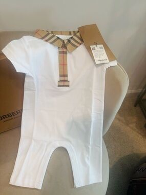 Burberry White Baby Romper with Vintage Check Trim